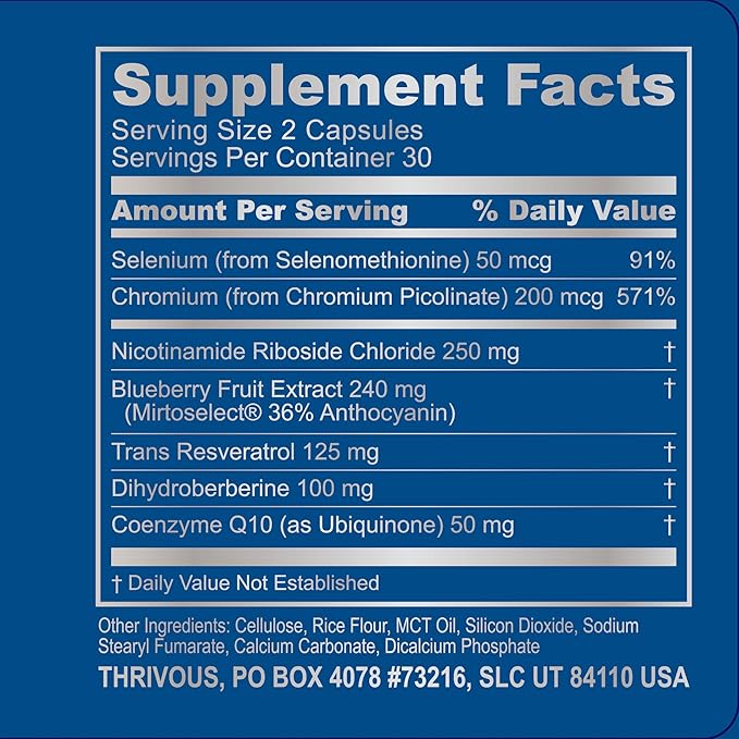 Thrivous Vitality Geroprotector – Metabolic & Cellular Support Supplement with Berberine, Nicotinamide Riboside, Mirtoselect Blueberry, Resveratrol & CoQ10 – 60 Vegan Capsules