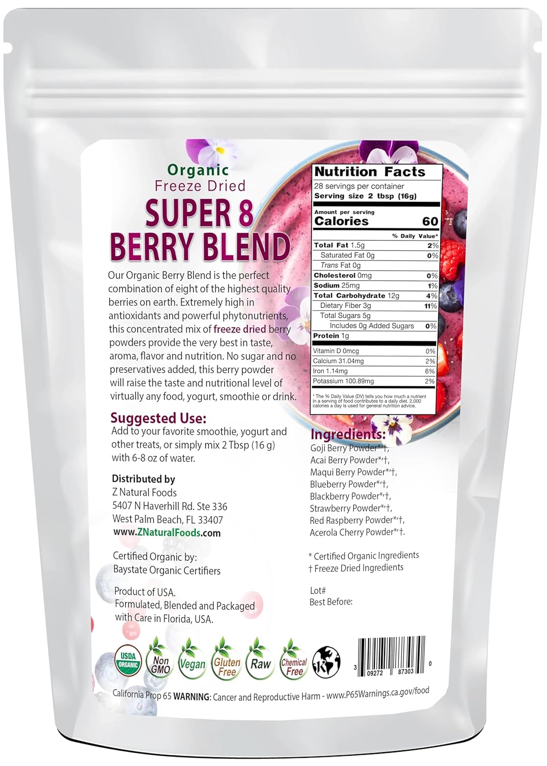Z Natural Foods Super 8 Berry Blend - Organic Freeze Dried Berry Powder, Fruit Superfood Powder - Delicious Powdered Fruit Berry, Antioxidant Powder for Smoothies, Yogurts, Healthy Drink Mix, 1 lb