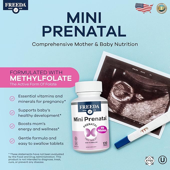 FREEDA Mini Prenatal Vitamin - Kosher Prenatals -Tiny Easy to Swallow Tablets - Prenatal Vitamins with Iron, Prenatal Folic Acid/Folate, Vitamin D - Pre Natal Multivitamin for Pregnant Women (120)