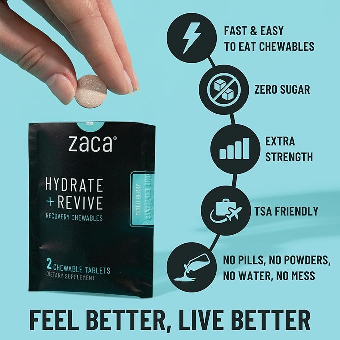 Zaca Recovery Chewable Supplement | Hydrate + Revive | Party, Travel, Exercise & Altitude | Sugar Free & Gluten Free | Mixed Berry, 6 Packets = 12 Tablets