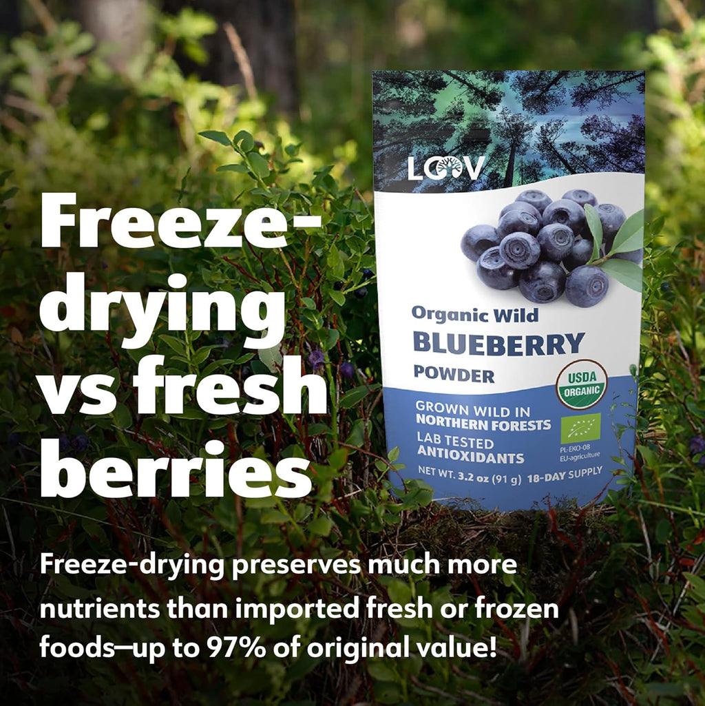 LOOV Organic Wild Blueberry Powder - 15-Day Supply, 3.2 Oz, Good for Smoothie & Breakfast, Freeze-Dried, from Northern Europe, No Added Sugar