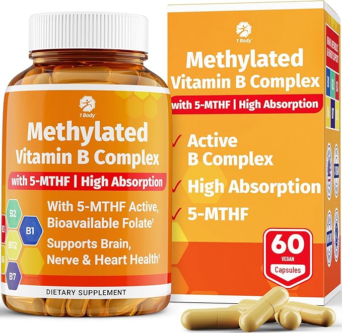 Vitamin B Complex – Methylated B Vitamins for Energy, Brain & Metabolism Support | BioActive B Complex Vitamins for Women & Men with Methyl Folate (5-MTHF) & Methyl B12 – 60 Count