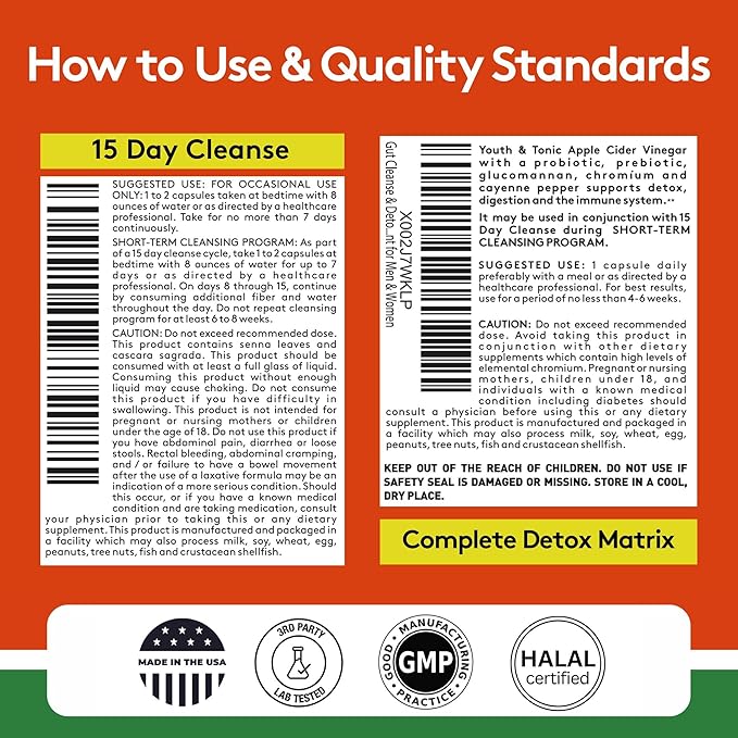 Youth & Tonic 15 Day Cleanse & Carb Matrix Support for Bloating & Metabolism, Intensive Herbal Colon Cleanser & Gut Detox for Digestive Reset with Senna, Glucomannan & Chromium, 60 Pills