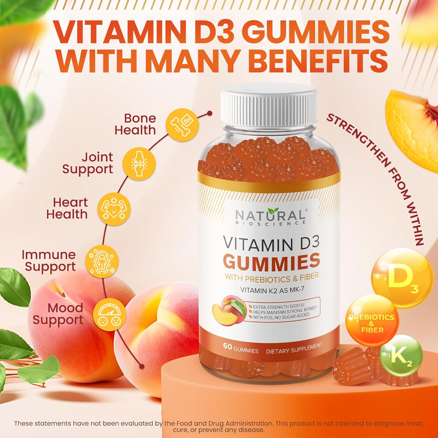 Sugar Free Vitamin D3 K2 Gummies - Vitamin D3 Gummies 5000 IU+K2 MK7 80 mcg, K2 D3 Vitamin Supplement Adults, Vitamin D K2 for Bones, Immune, Heart, Mood, Gluten-Free, Non-GMO, Natural Peach Flavor