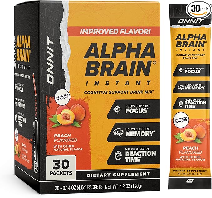 ONNIT Alpha Brain Instant Cognitive Support Drink Mix, Nootropic Supplement for Focus, Memory and Clarity, Peach Flavor, 0.13 oz Packets, 30 Count