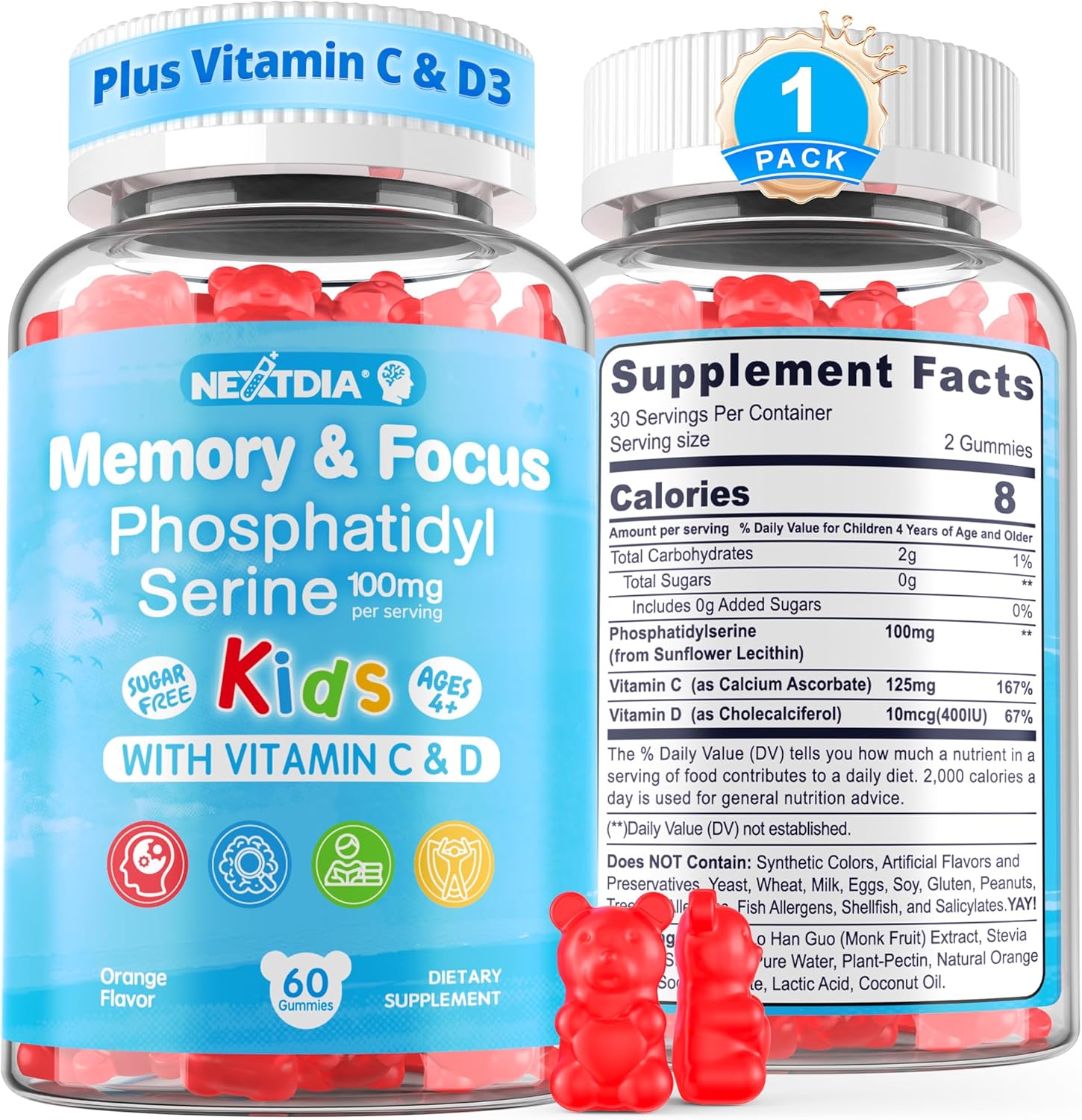 Phosphatidylserine Supplement 100mg, Focus Gummies for Kids Teens + Vitamin C & D3 400IU, Sugar Free Kids Brain Gummies Increase Attention & Concentration, Chewable, Vegan, Gluten Free, Non-GMO 60Cts