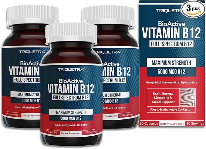 BioActive Vitamin B12 - 5000 mcg, Contains 3 BioActive Forms B12 Plus Methylfolate Cofactor - Methyl, Adenosyl & Hydroxy B12 | Supports Energy, Metabolism & Mood | Vegan, Non-GMO - 3-pack