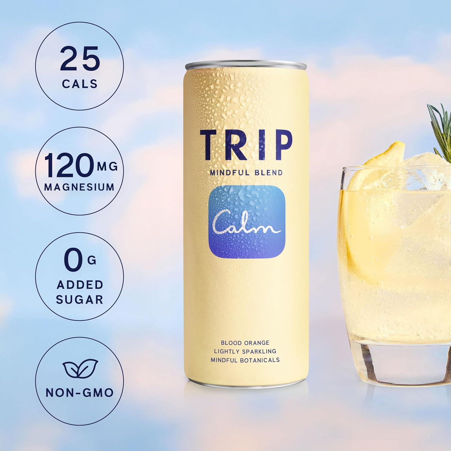 Trip Mindful Blend, Lightly Sparkling Calming Drink, 120 MG Magnesium Citrate with Ashwagandha, Lions Mane & L Theanine, No Added Sugar, Low Calorie, Vegan, Blood Orange, 12 Oz, 12Pk