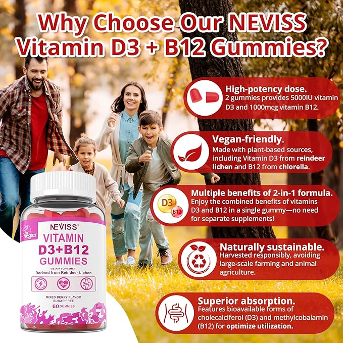 NEVISS 2Pack Vegan Vitamin D3 + Vitamin B12 Gummies, High Potency D3 5000IU & 1000 mcg Methylated B12, Vitamin D3 and B12 for Adults, Support Bone Health, Immune & Energy Supplement, 120 Count