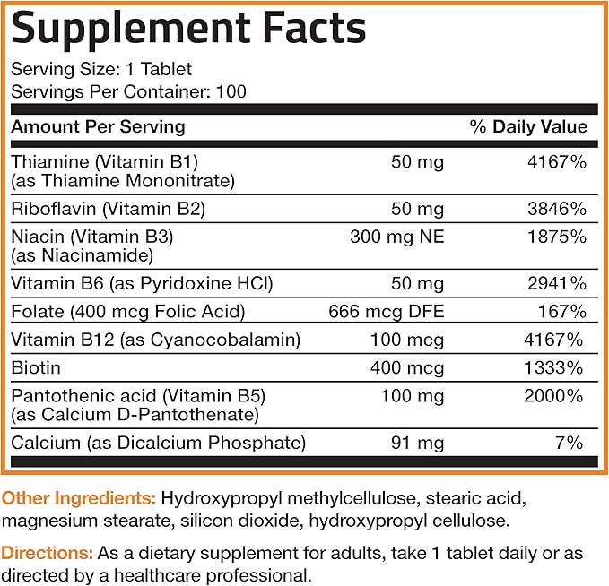 Bronson Super B Vitamin B Complex Sustained Slow Release (Vitamin B1, B2, B3, B6, B9 - Folic Acid, B12) Contains All B Vitamins 100 Tablets
