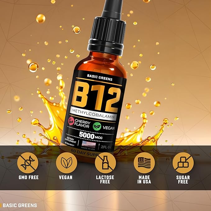Vitamin B12 Sublingual Liquid Drops 5000 mcg – Vegan Methyl B-12 Supplement for Energy & Focus – B 12 Vitamin for Women & Men – Fast Absorption Methylcobalamin – 120 Servings – 4 fl oz