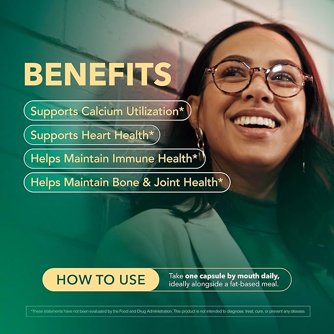 Vitamin D3 K2 Supplement 5000 IU, K2 D3 Vitamin Capsules, Vegan, Non-GMO, Gluten Free, 30 Capsules, 30 Day Supply