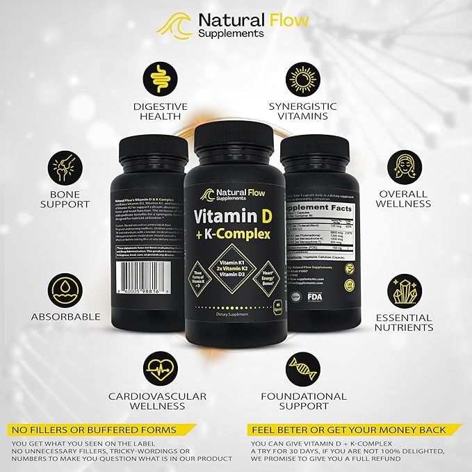 Vitamin D3 with K2 and K1 Supplement - Natural Flow Vitamin D3 and K Complex, D3 5000iu with Vitamin K2 MK4 + MK7 and K1 for Bone, Heart, and Immune Support - 60 Capsules