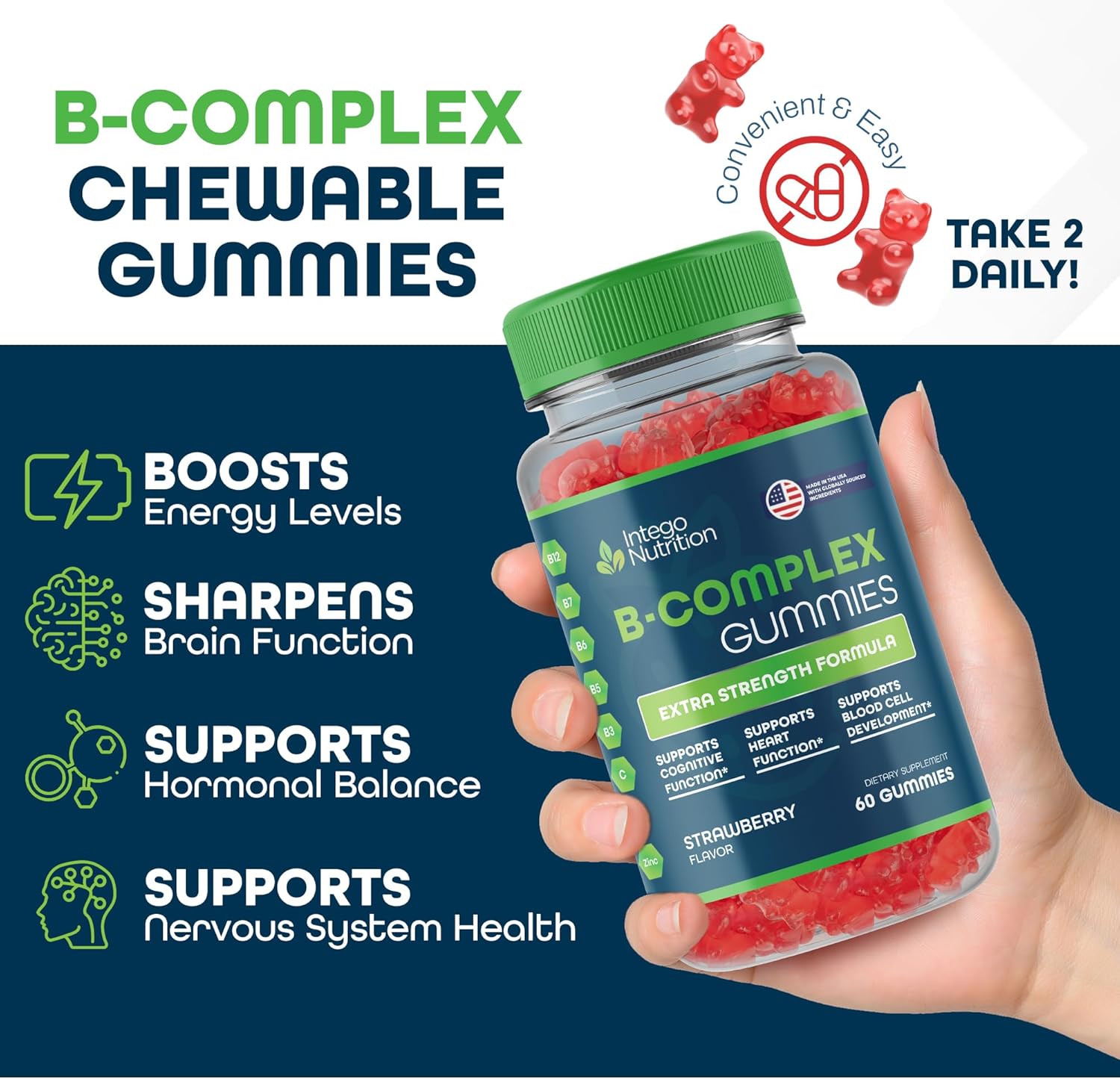Vitamin B Complex Gummies for Adults, B Complex Vitamin Supplement for Women and Men, B Vitamins Complex Gummies for Energy and Brain Health, Natural Strawberry Flavor, 60 Count