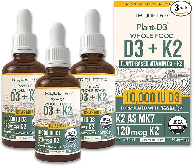 Organic Plant D3 K2 vitamin 10000 iu - AllTrans MK7 from MenaQ7 (120 mcg K2) - 100% Organic & Plant-Based Sublingual D3 Drops 10,000 iu (Cholecalciferol), Vegan - Supports Immunity, Bone, Brain 3-Pack