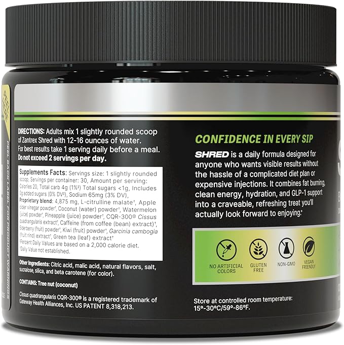 Zantrex Shred – Clean Energy Drink Powder – GLP-1 Support Supplement – Appetite Support, Weight Management, Hydration Support, Fat Burning, Metabolism Support - 200mg Caffeine - Colada Kick, 30 SVG.