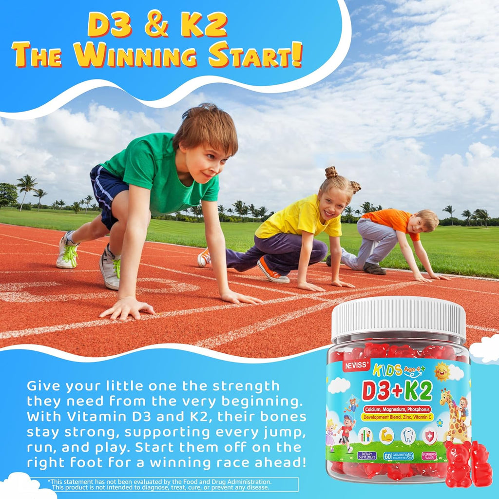 Vitamin D3 K2 Gummies for Kids + Calcium, Magnesium, Zinc, Phosphorus, Vitamin C, Kids Multivitamin D3 & K2 Supplement for Bone Health, Calcium Absorption, Focus & Immunity, Non GMO, Sugar Free, 2Pack