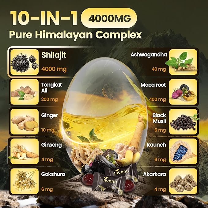 Shilajit for Men & Women, Shilajit Gummies | 4000mg High Potency 10-in-1 Formula with Pure Himalayan Shilajit, Ashwagandha, and 75% Fulvic Acid | Sugar-Free Vegan, 85+ Trace Minerals