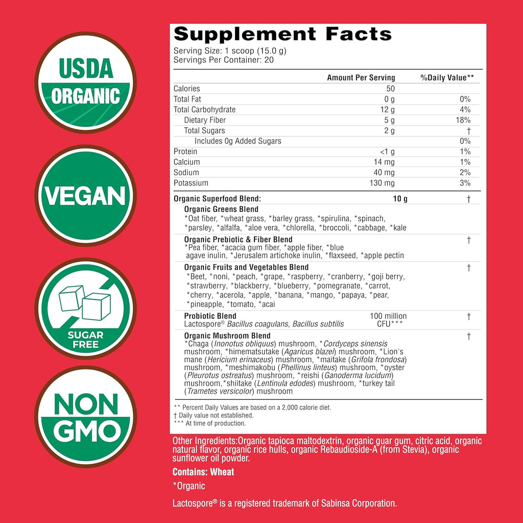 COUNTRY FARMS Super Greens Berry Flavor, 50 Organic Foods, USDA Drink Mix, Multicolor, Multi, 40 Servings, 21 Oz, 2 Pack