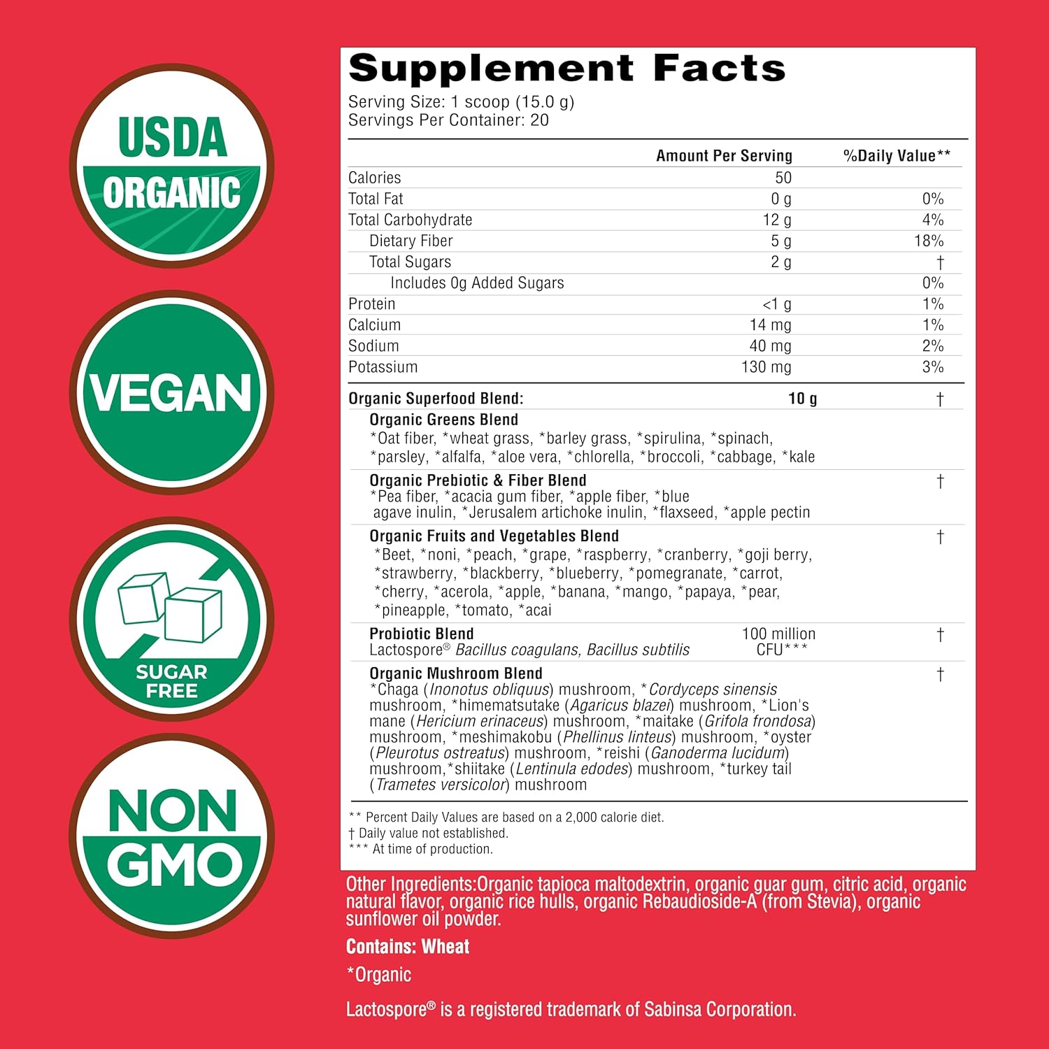 COUNTRY FARMS Super Greens Berry Flavor, 50 Organic Foods, USDA Drink Mix, Multicolor, Multi, 40 Servings, 21 Oz, 2 Pack