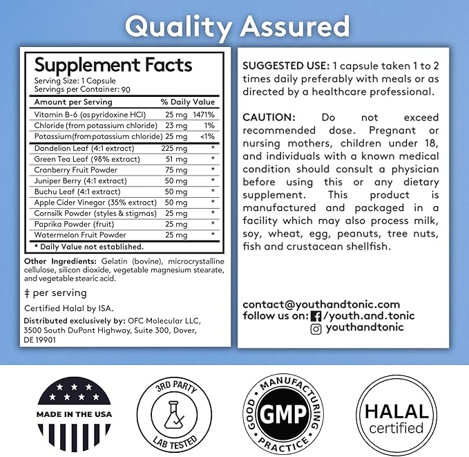 Youth & Tonic Water Weight Away – Herbal Diuretics for Water Retention & Bloating Support – with Potassium & Vitamin B6 for Fluid Balance – 90 Pills for Belly Bloat, Leg & Feet Swelling Support