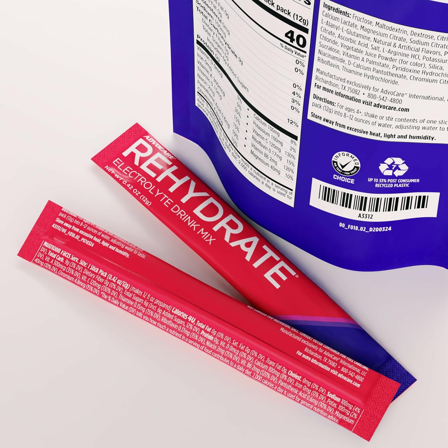 AdvoCare Rehydrate - Electrolyte Drink Mix - Includes Magnesium, Sodium, Potassium & Calcium - Antioxidant & Amino Acid Fortified - Hydration & Recovery - Fruit Punch, 15 Stick Packs (6.3 oz)