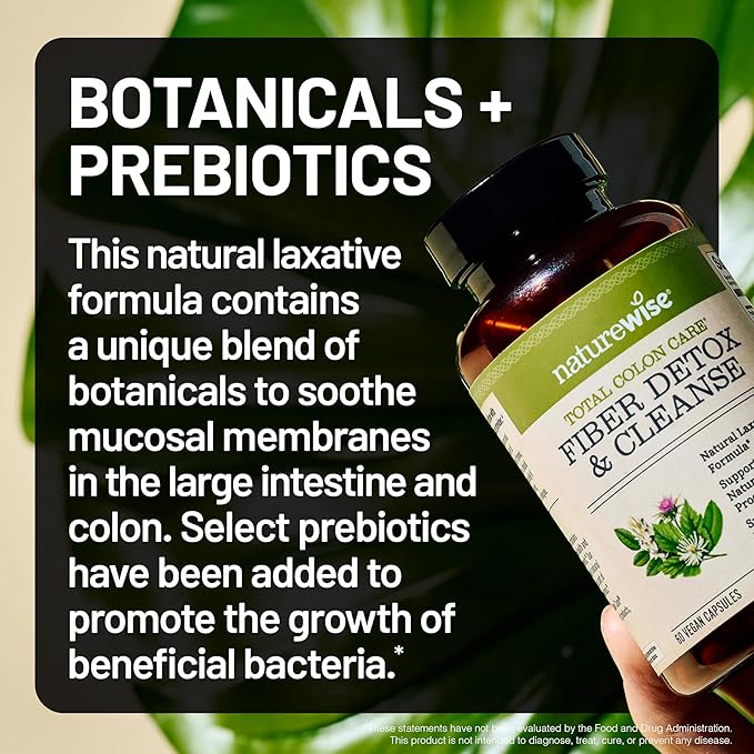 NatureWise Total Colon Care Fiber Cleanse - Natural Laxative Blend - Herbal Laxatives, Prebiotics, & Enzymes for Regularity, Digestion, Weight & Gut Health - Non-GMO - 60 Capsules[30-Day Supply]