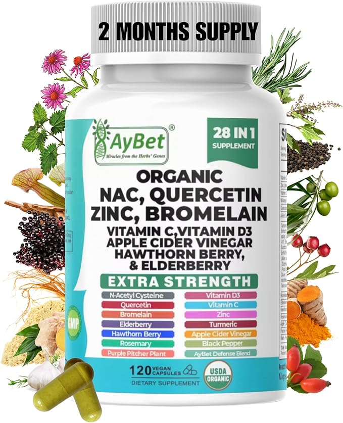 NAC-n-acetyl cysteine- Quercetin Zinc Bromelain Supplement | Extra Strength with Vit C, D3, Apple Cider Vinegar, Elderberry, Hawthorn Berry, Turmeric | Immune Support|120 Vegan Capsules | USDA Organic
