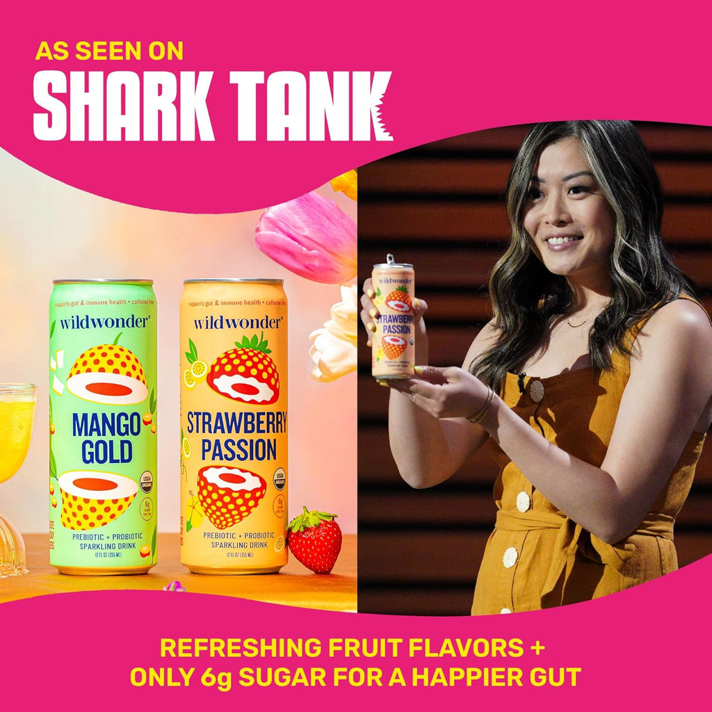 wildwonder Sparkling Probiotic Drink 12pk, For Gut Health & Immune Support, Tropical Vibes Variety, 5g Prebiotic Fiber, Live Probiotics, Organic, Vegan, Low Sugar, 12Pack, 12oz Can, Seen on Shark Tank