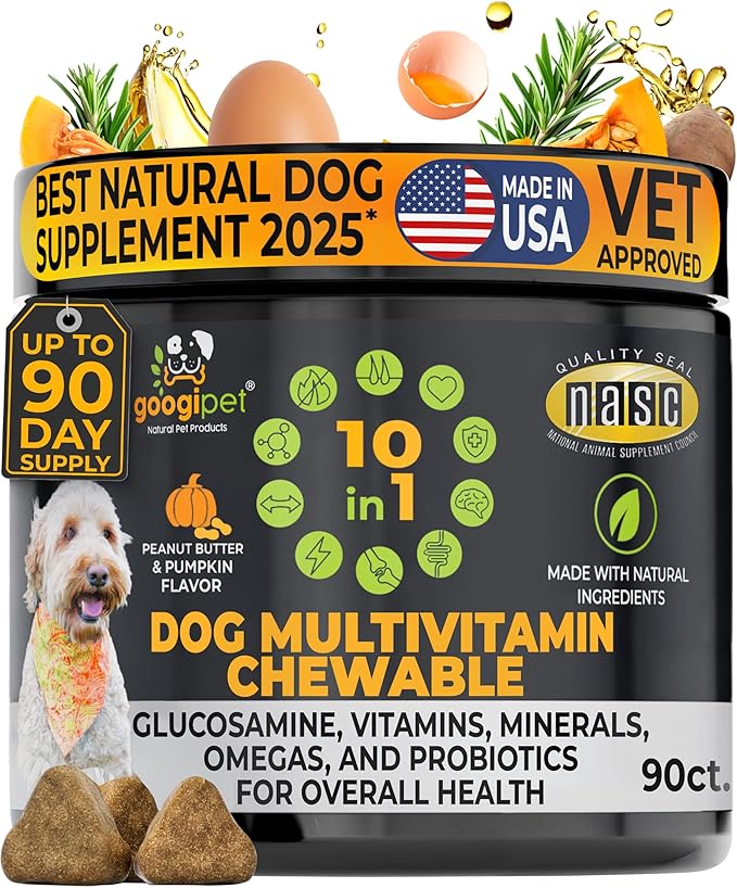 Googipet Premium Dog Multivitamin Chewable, Dog Vitamins and Supplements, Puppy Vitamins & Senior Dogs Probiotics for Gut Health + Vitamin C, Glucosamine for Dogs Joint Support (PB & Pumpkin Flavor)