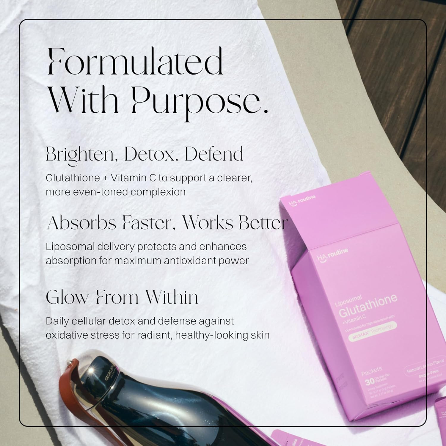 Liposomal Glutathione Powder, 125mg L-Glutathione Sugar-Free Flavored Packets, 100mg Vitamin C, Powerful Antioxidant Supplement for Skin, Beauty Health & Detox Support, 30 Packets - Lemon