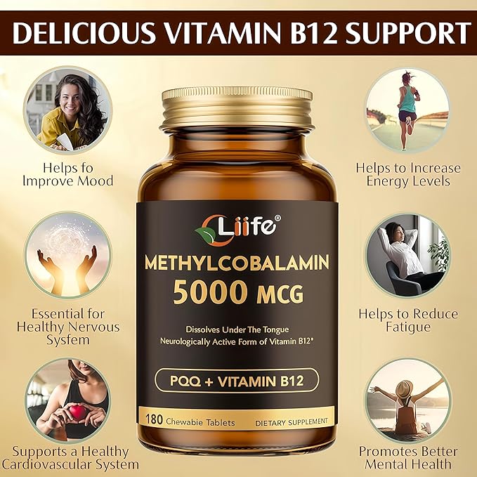 LIIFE Vitamin B12 (Methylcobalamin)+ PQQ 5000 mcg | 180 Chewable Tablets | Supports General Energy, Brain & Nervous System Health | Gluten Free | 1 Capsule per Serving*