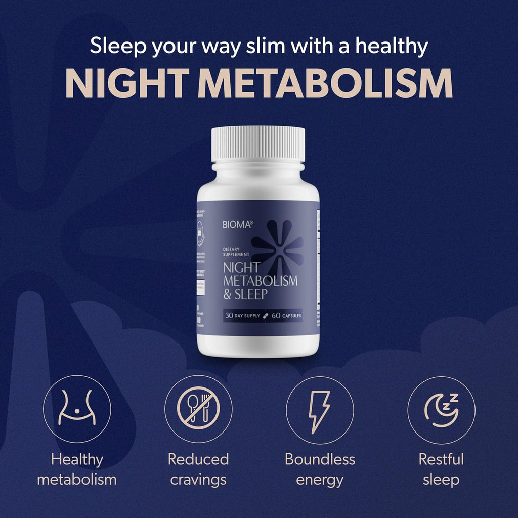 BIOMA Night Metabolism & Sleep - Supports Digestion, Energy Metabolism & Restful Sleep with Melatonin, Vitamin D, Magnesium & More - 60 Capsules (30-Day Supply)