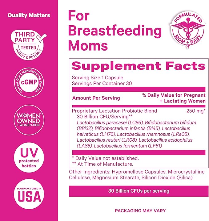 Pink Stork Lactation Probiotic - 30 Billion CFUs Multi Strain Postnatal Probiotics for Breastfeeding Women - Support Breast Milk & Gut Health, Postpartum Essentials, 60 Capsules