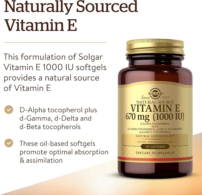 Solgar Vitamin E 670 mg (1000 IU), 180 Softgels - Natural Antioxidant, Skin & Immune System Support - Naturally-Sourced Vitamin E - Gluten Free, Dairy Free - 180 Servings