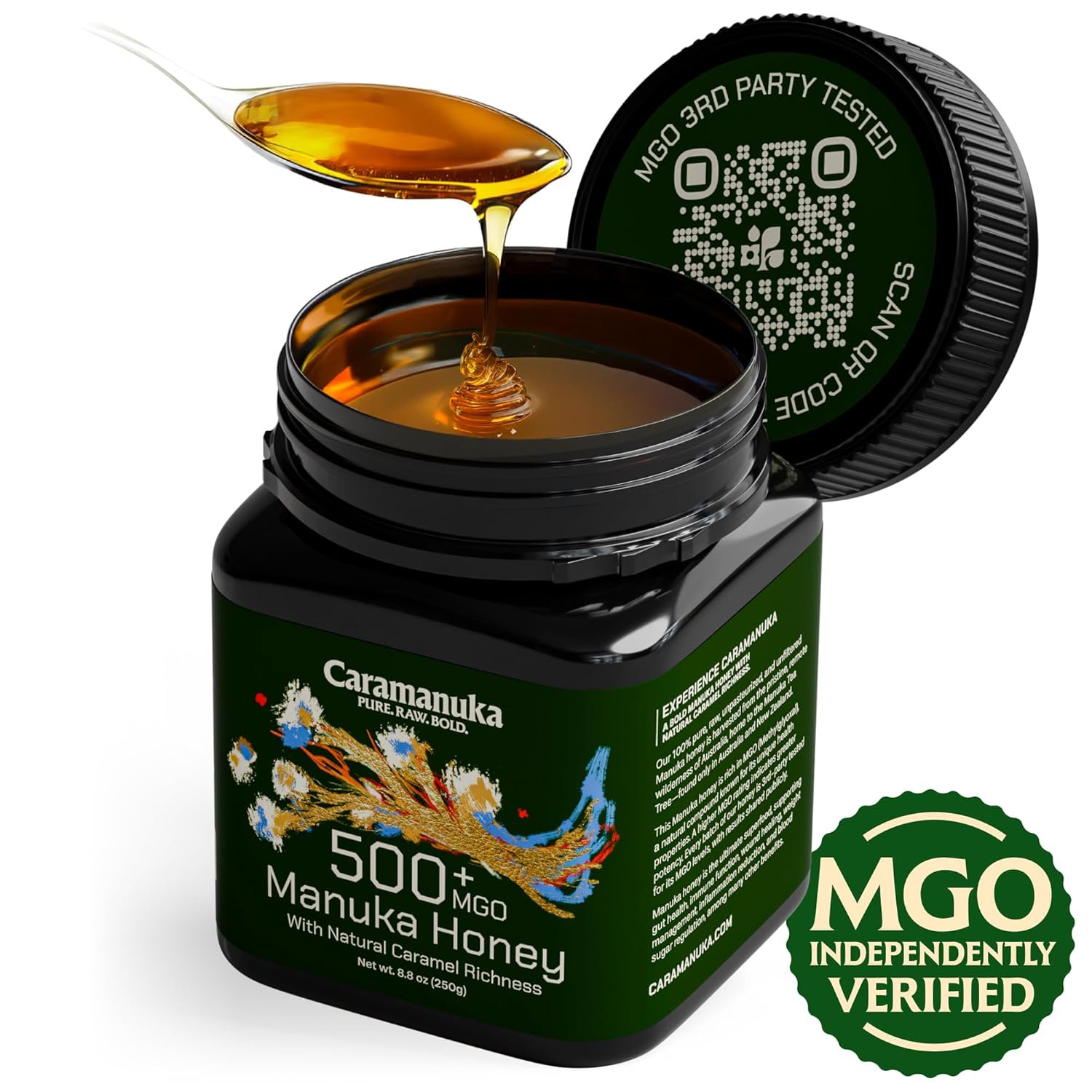 Caramanuka Manuka Honey MGO 500 – 100% Raw & Unfiltered Australian Honey, Independently Lab-Tested for MGO & Glyphosate, Bold Caramel Flavor, 8.8 oz (250g)