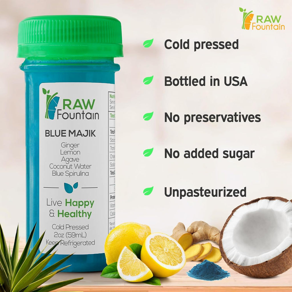 20 Immunity Shots w/Blue Spirulina, Agave, Lemon, Ginger 2fl Oz, Packed w/Vitamin C, Raw, Cold Pressed, Unpasteurized, Boosts Immunity, All Natural, No Artificial Flavors or Preservatives