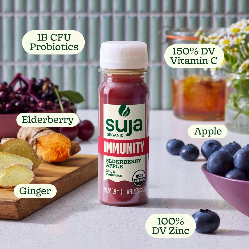 Suja Organic Immunity Elderberry Shot (30 Pack) with Turmeric and Ginger | Immunity Boost & Support | Functional Shots | Cold-Pressed Juice with Live Probiotics | Plant-Based & Gluten-Free