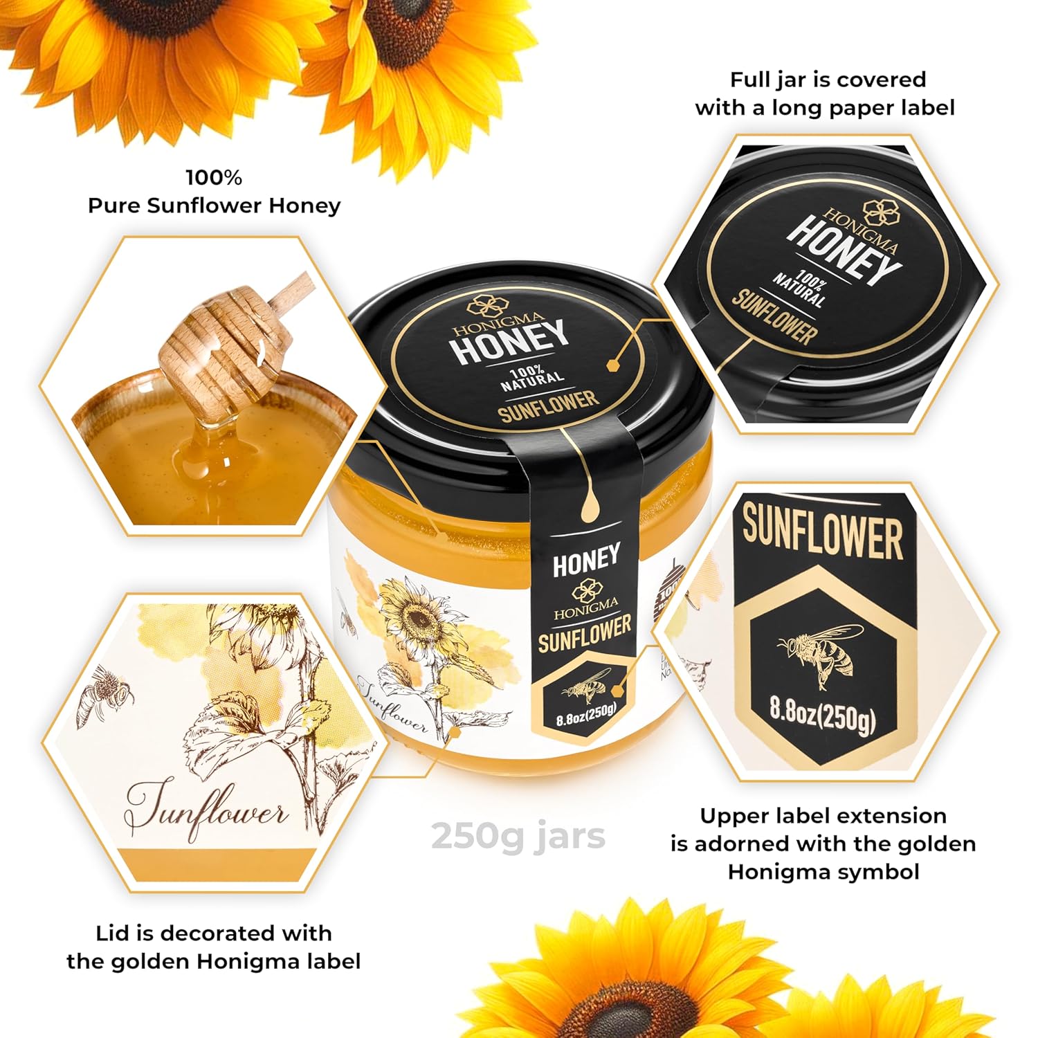 HONIGMA® Raw Sunflowers Honey | Exquisite Taste | 100% Pure | Unpasteurized | Unfiltered | Partially crystallized | 250g/8.8oz