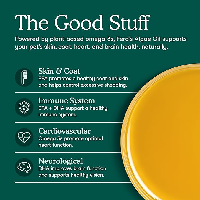 Fera Pets Algae Oil - Cats & Dogs Omega 3 Oil - Vegan - Immune, Heart, Brain, Skin and Coat Support - Includes Vitamin E, Organic Hemp Seed & Flaxseed Oil - 100% Plant Based Omega-3s - 8 oz