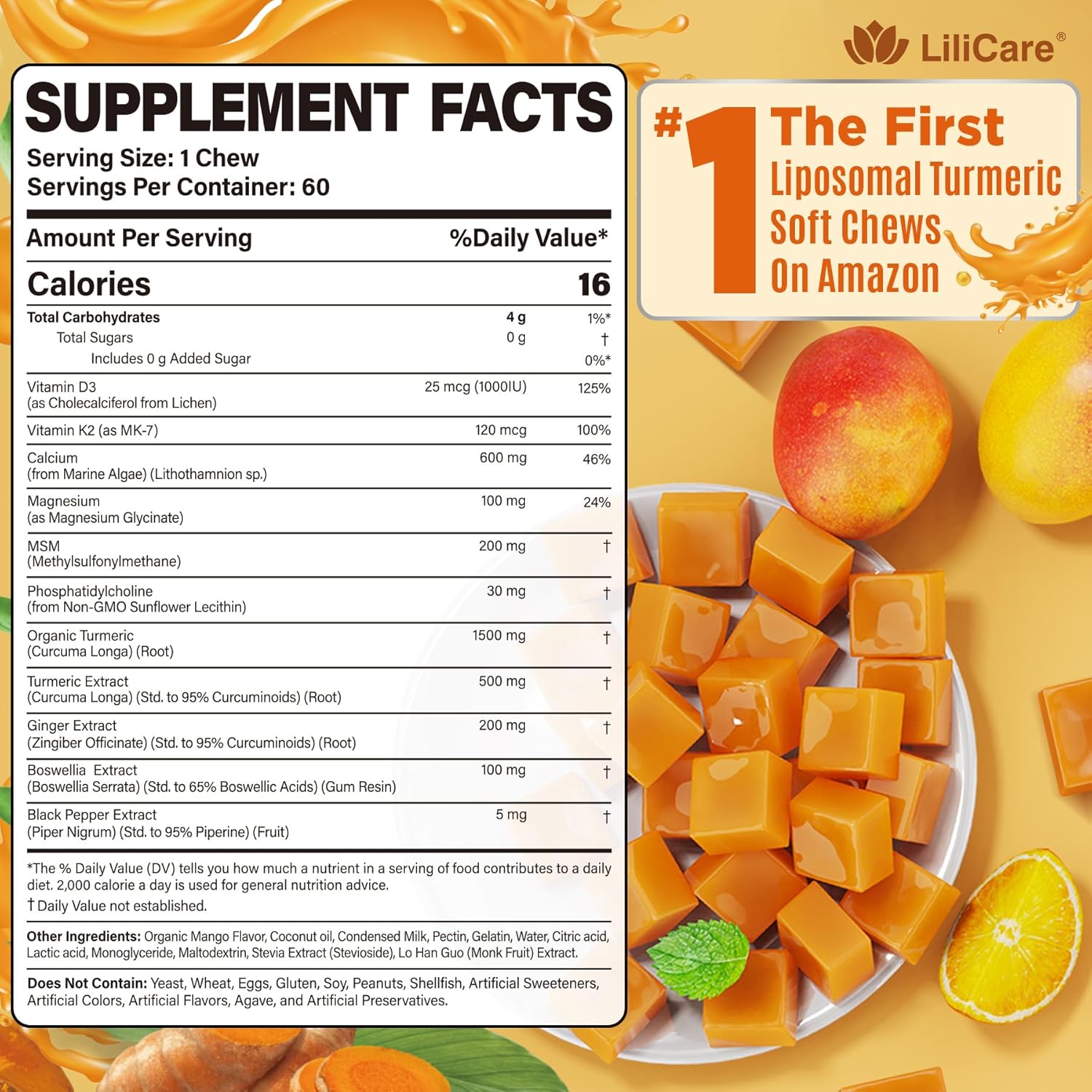 Liposomal Turmeric and Ginger Soft Chews Supplement with Black Pepper, Calcium & Vitamin D3 K2│Ultra High Absorption Liposomal Curcumin + Organic Turmeric Root & Boswellia for Adults, Sugar Free, 60Ct