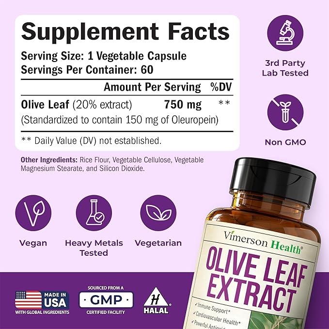Olive Leaf Extract Capsules – 750 mg Standardized to 150 mg Oleuropein – Polyphenol Antioxidants for Cardiovascular Health and Immune Support Supplement – Vegan Herbal Supplements – 60 Capsules