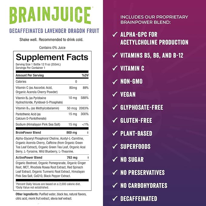 Brainjuice Brain Health Support Drink for Energy & Focus, Vitamin C, B5, B6 & B12, L Theanine, Alpha GPC & Natural Caffeine From Green Tea, Vegan, Gluten Free, Lavender Dragon Fruit, 12 Oz Can, 6 Pack