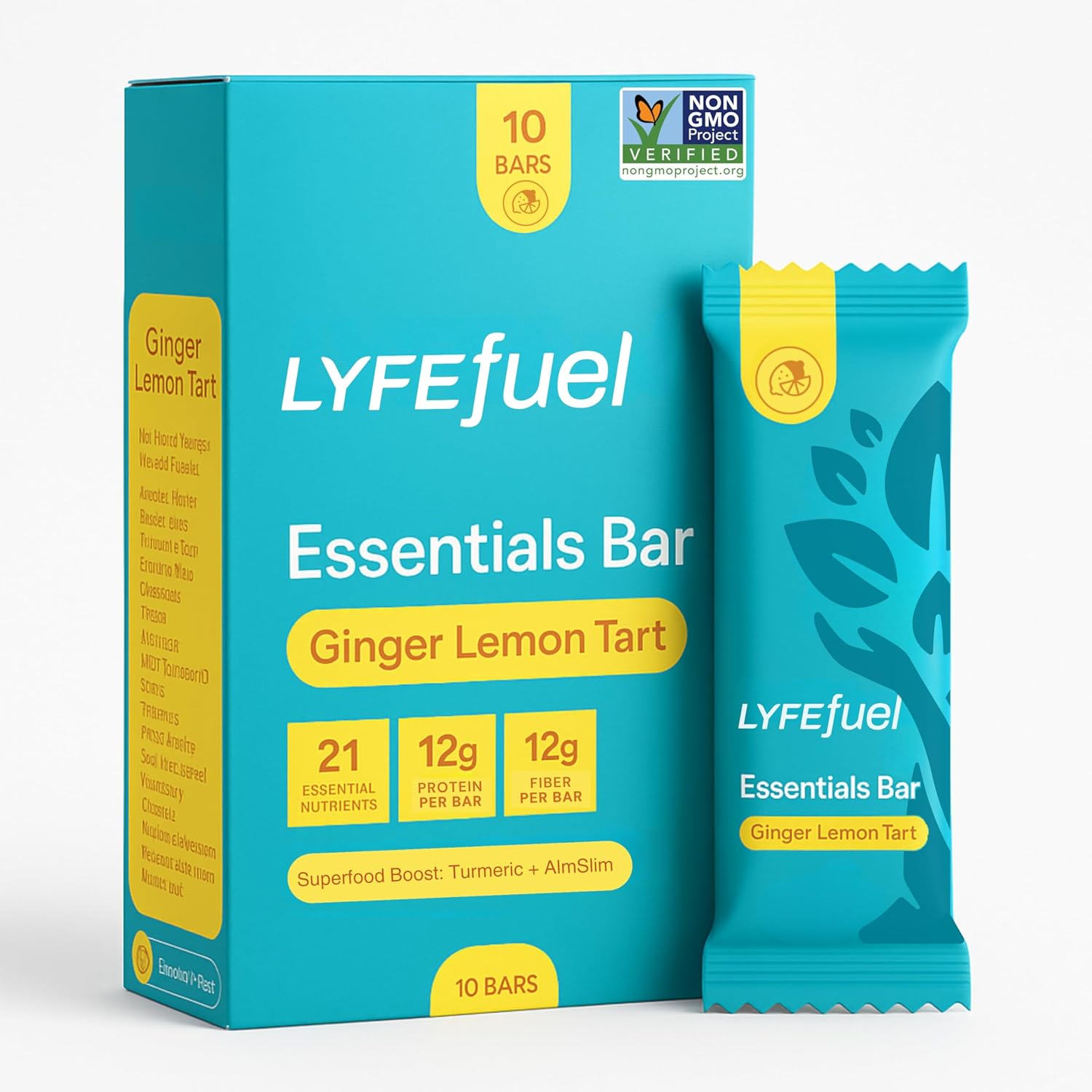 Essential Nutrition Bars by LyfeFuel | Vegan Protein Bar & Low Carb Meal Replacement for Intermittent Fasting and Hunger Control | 12g Plant-Based Protein, High Fiber, MCT Oil and 21 Organic Vitamins | No Sugar Alcohols (Lemon Ginger Tart)