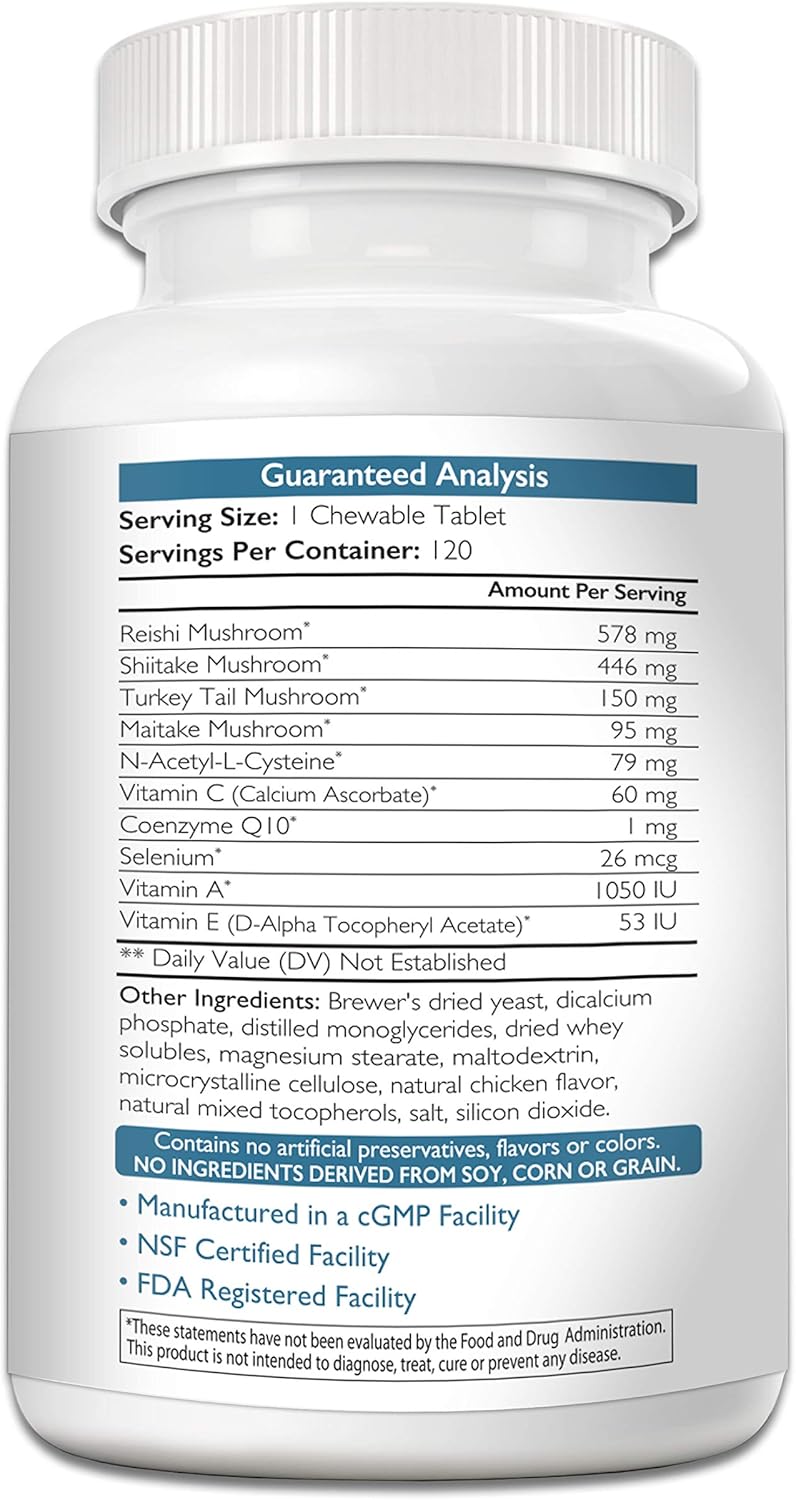 Immune Support for Dogs Plus Antioxidant, Reishi, Shiitake, Maitake, Turkey Tail Mushrooms for Dogs, with Coenzyme Q10, Selenium, Vitamin A, 120 Chewable Tablets
