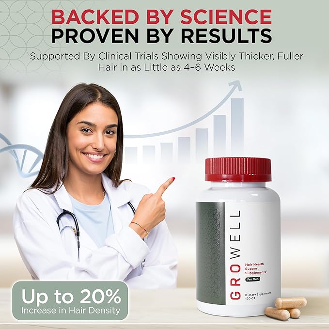 Hair Growth Supplements for Men – Clinically tested for visibly thicker hair and scalp coverage – All natural ingredients, saw palmetto to block DHT – Drug-free, Safe – Doctor recommended