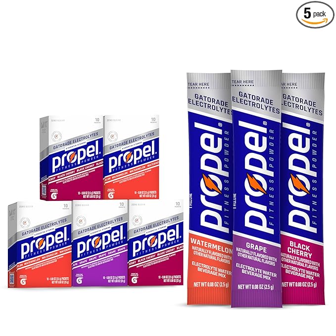 Propel Electrolyte Enhanced Water Drink Mix Powder Packets, 3 Flavor Variety Pack, Zero Calorie & Zero Sugar Hydration with Electrolytes and Vitamins C & E (50 Packets)