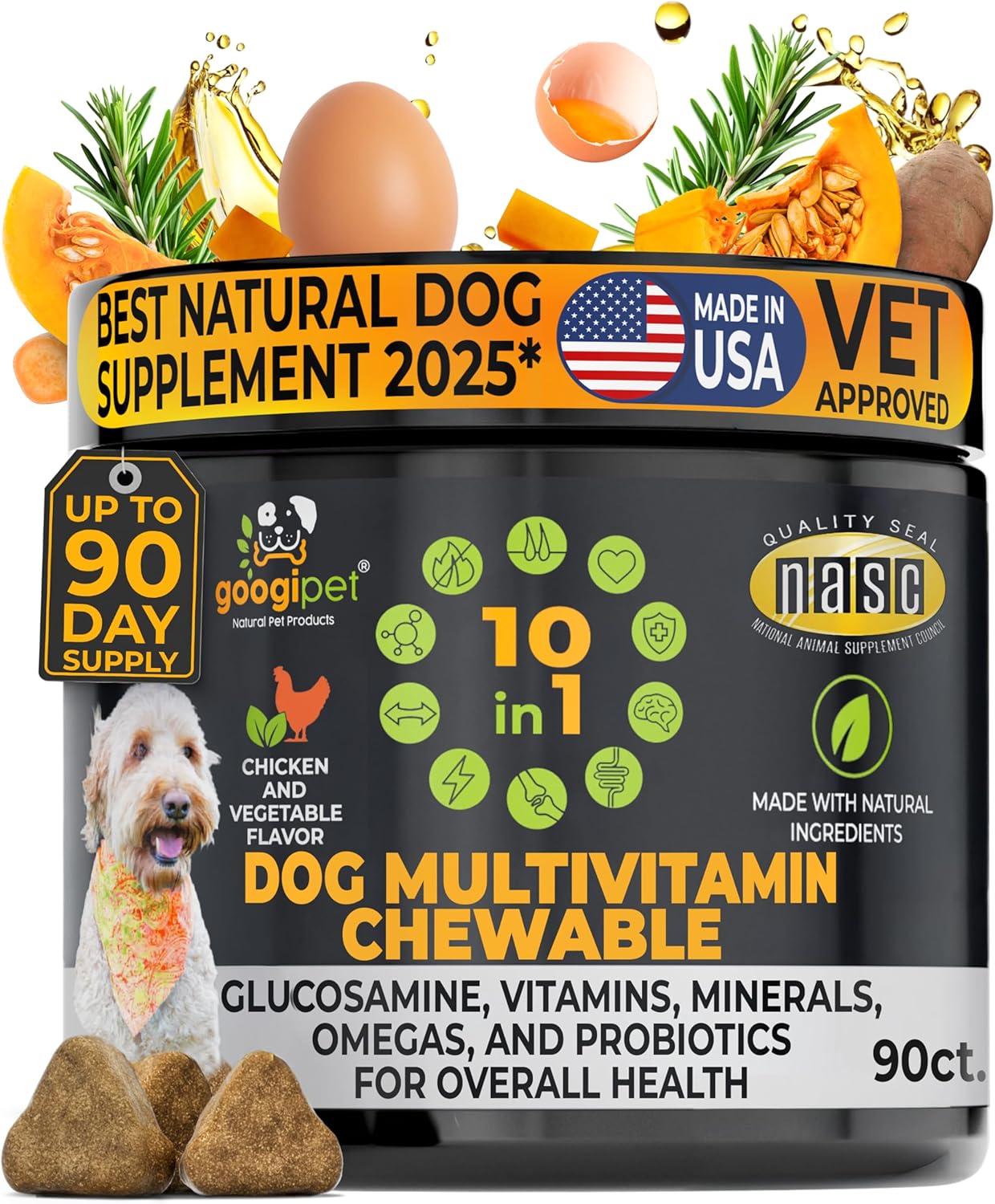 Googipet Premium 10 in 1 Dog Vitamins Multivitamin Chewable with Probiotics for Gut Health, Dog Vitamins and Supplements w/Vitamin C & Glucosamine for Joint Support (Chicken & Vegetable Flavor)