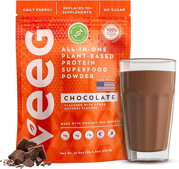 Veeg All in One Protein Smoothie Powder – Vegan Protein Powder & Collagen Boost. Organic Pea Protein, MCT, Probiotics & Multivitamin. One Scoop Daily Energy, Wellness & Balance 15 Servings (Chocolate)