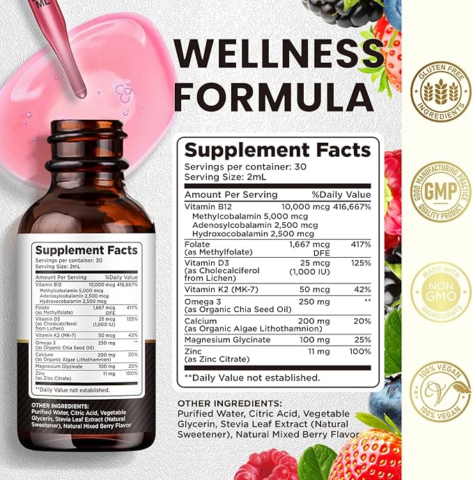 Vitamin B12 Complex 10000 mcg | Vegan Triple Liquid B-12 Drops Sublingual Supplement | Methylcobalamin & Adenosylcobalamin & Hydroxo Blend for Long-Lasting Energy and Healthy Metabolism Berry Flavor